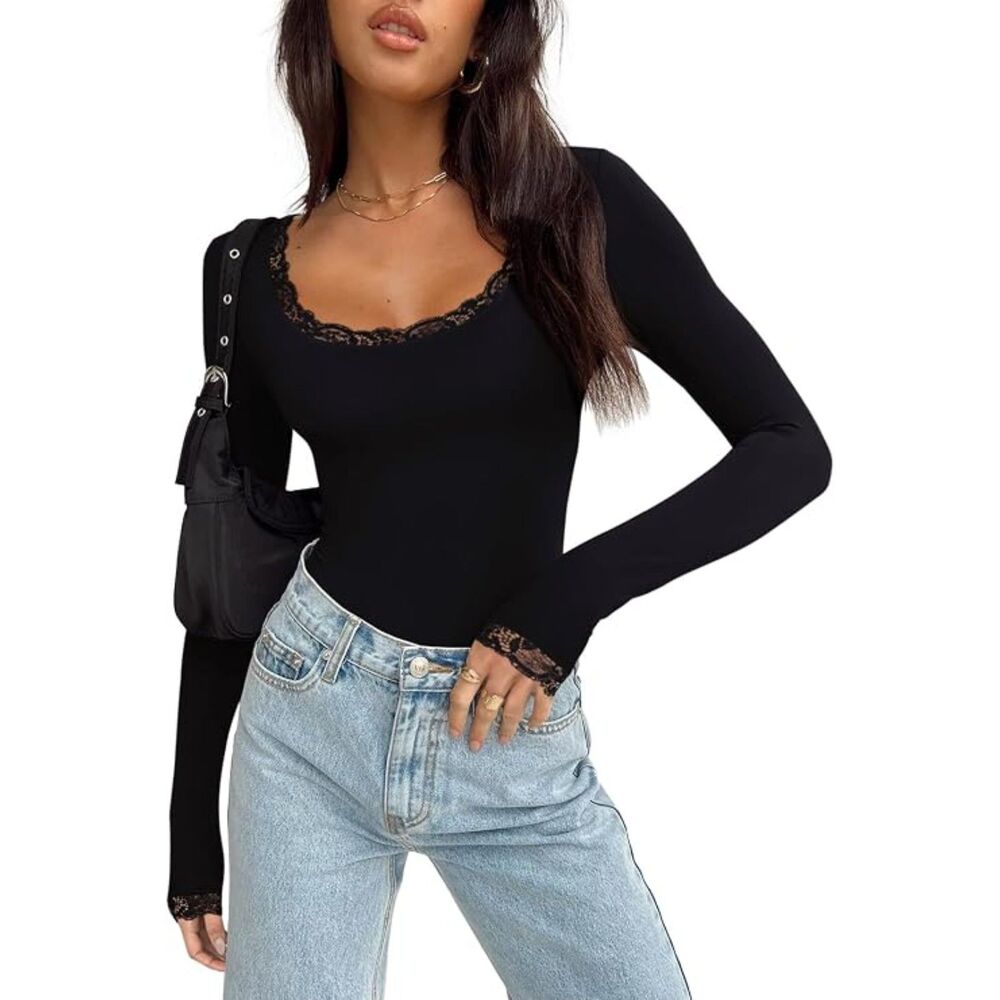 REORIA Lace Trim Long Sleeve Bodysuit | Sexy Y2K Layering Buttery Soft Top